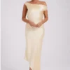 Vestido largo liso Yvette con bajo asimétrico – Mantequilla
