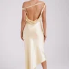 Vestido largo liso Yvette con bajo asimétrico – Mantequilla