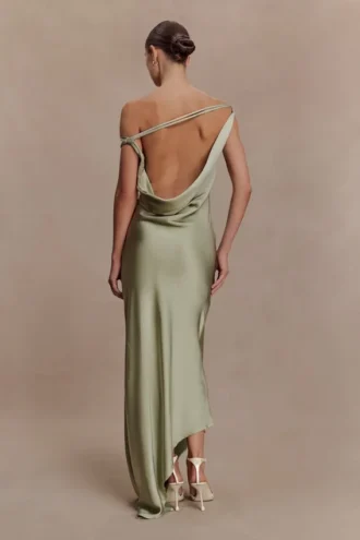 Vestido largo liso Yvette con bajo asimétrico – Salvia