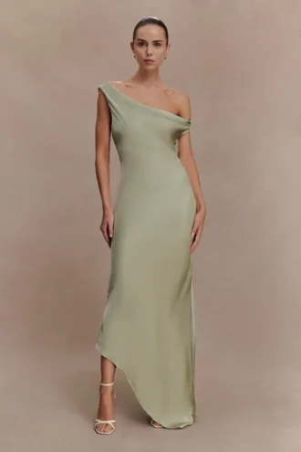 Vestido largo liso Yvette con bajo asimétrico – Salvia