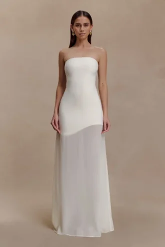 Vestido largo Mason de crepé y gasa – Marfil