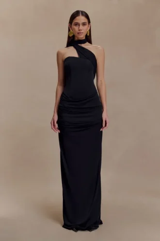 Vestido largo Mattea de malla y tejido elástico con pañuelo – Negro