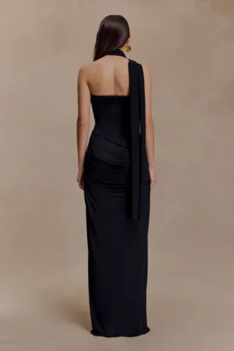 Vestido largo Mattea de malla y tejido elástico con pañuelo – Negro