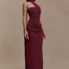 Vestido largo Mattea de tejido elástico y malla con pañuelo – Burdeos