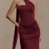 Vestido largo Mattea de tejido elástico y malla con pañuelo – Burdeos