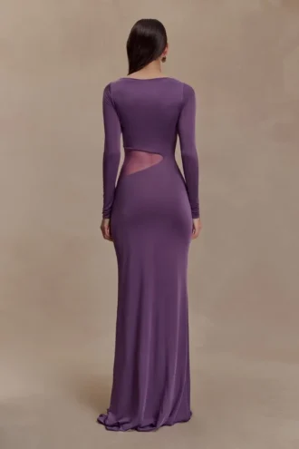 Vestido largo Megan de tejido elástico y malla – Morado