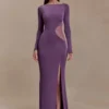 Vestido largo Megan de tejido elástico y malla – Morado