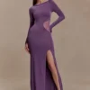 Vestido largo Megan de tejido elástico y malla – Morado