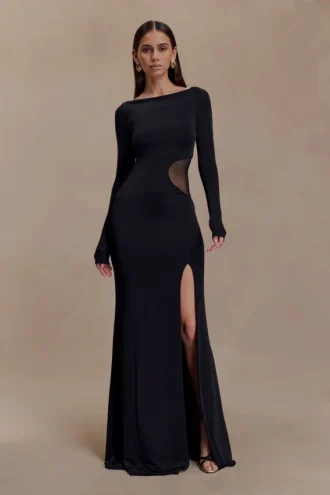Vestido largo Megan de tela elástica y malla – Negro