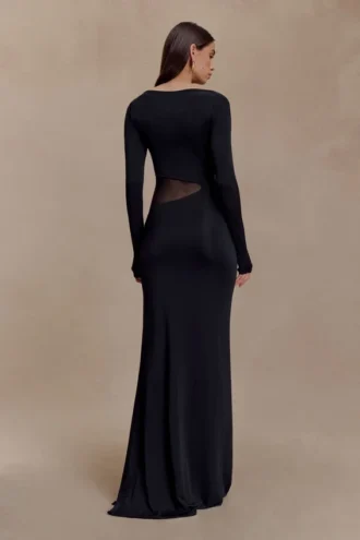 Vestido largo Megan de tela elástica y malla – Negro