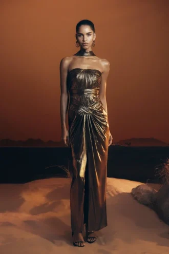 Vestido largo plisado Clemence – Dorado