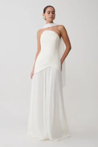 Vestido largo plisado sin tirantes Juno – Blanco