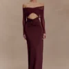 Vestido largo Rafaella de jersey elástico y malla – Caoba