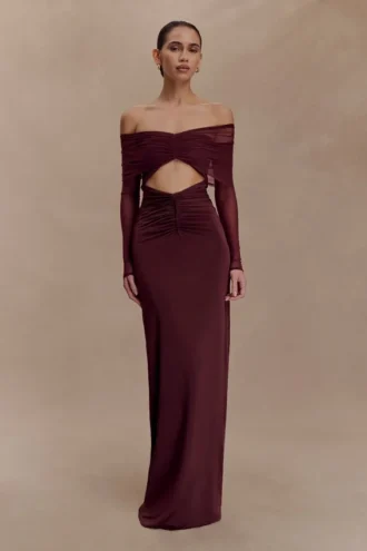 Vestido largo Rafaella de jersey elástico y malla – Caoba