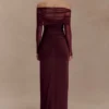 Vestido largo Rafaella de jersey elástico y malla – Caoba