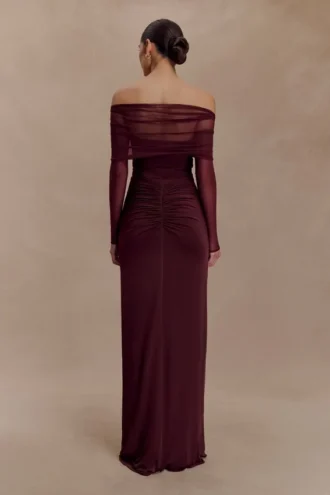 Vestido largo Rafaella de jersey elástico y malla – Caoba