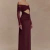 Vestido largo Rafaella de jersey elástico y malla – Caoba