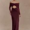 Vestido largo Rafaella de jersey elástico y malla – Caoba