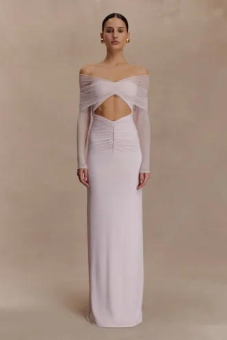 Vestido largo Rafaella de jersey elástico y malla – Rosa pálido