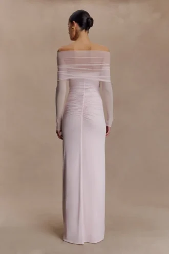 Vestido largo Rafaella de jersey elástico y malla – Rosa pálido