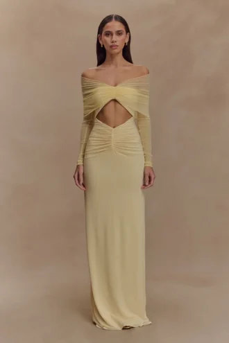 Vestido largo Rafaella de tela elástica y malla – Limón