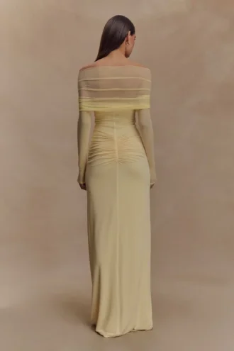 Vestido largo Rafaella de tela elástica y malla – Limón