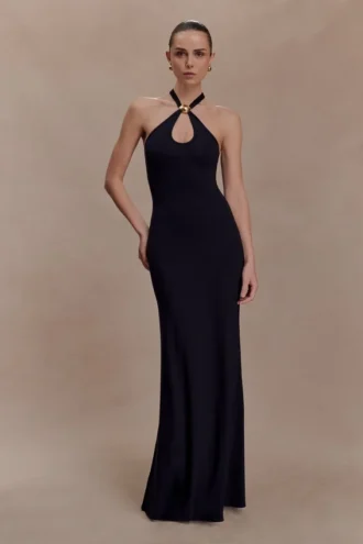 Vestido largo Ramona de modal con detalles metálicos – Negro
