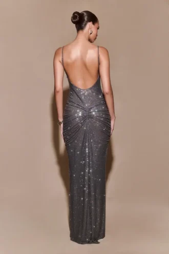 Vestido largo Roisin con diamantes – Gris plomo