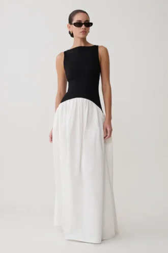 Vestido largo sin mangas Acacia en contraste – Negro/Blanco