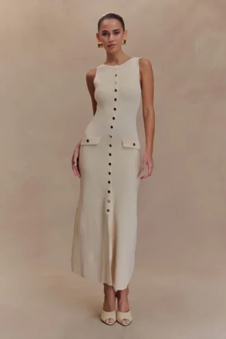 Vestido largo sin mangas con botones de Sawyer – Marfil