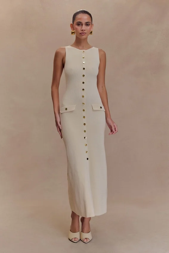 Vestido largo sin mangas con botones de Sawyer – Marfil Vestido largo sin mangas con botones de Sawyer – Marfil