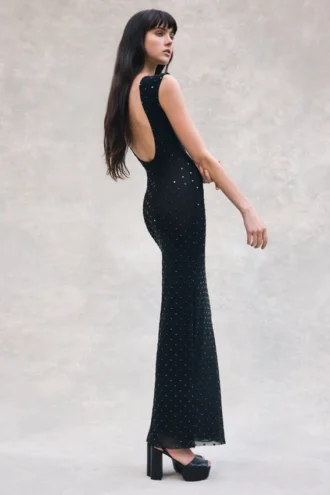 Vestido largo sin mangas con diamantes de imitación Samara – Negro
