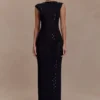 Vestido largo sin mangas con diamantes de imitación Samara – Negro Vestido largo sin mangas con diamantes de imitación Samara – Negro