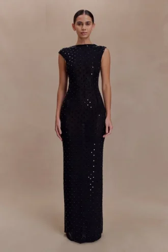 Vestido largo sin mangas con diamantes de imitación Samara – Negro