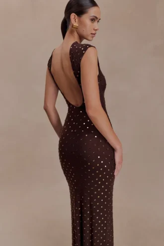 Vestido largo sin mangas con diamantes Samara – Chocolate