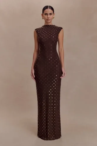 Vestido largo sin mangas con diamantes Samara – Chocolate