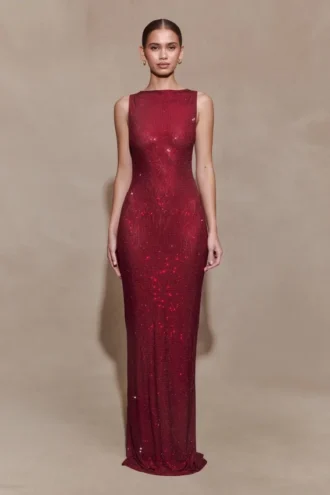 Vestido largo sin mangas con pedrería Magnolia – Burdeos