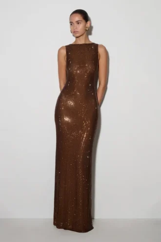 Vestido largo sin mangas con pedrería Magnolia – Chocolate