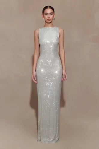 Vestido largo sin mangas con pedrería Magnolia – Plata