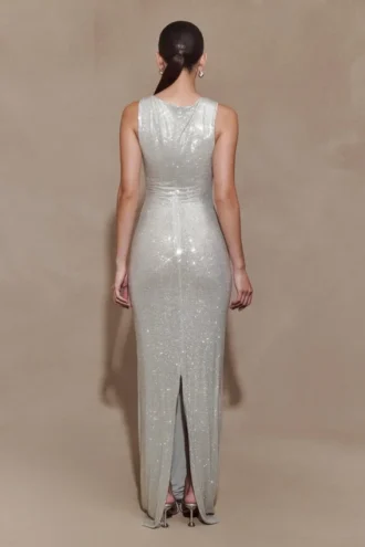Vestido largo sin mangas con pedrería Magnolia – Plata