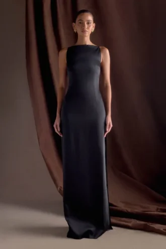 Vestido largo sin mangas de satén violeta – Negro
