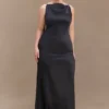 Vestido largo sin mangas de satén violeta – Negro Vestido largo sin mangas de satén violeta – Negro