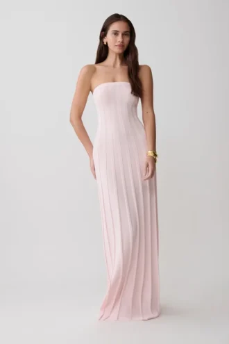 Vestido largo sin tirantes con acanalado Pia – Rosa bebé