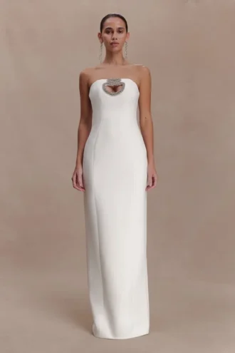 Vestido largo sin tirantes con adornos Hilda – Blanco