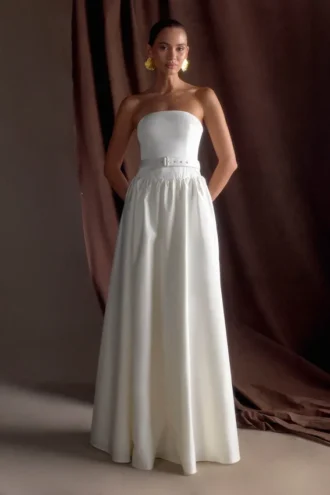 Vestido largo sin tirantes con cinturón Florence – Blanco