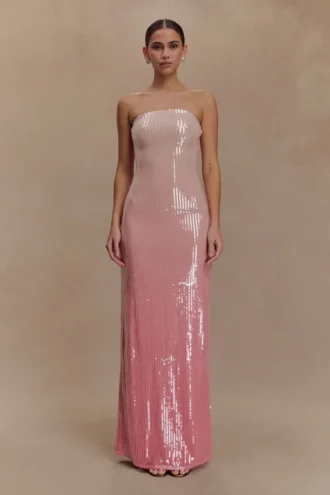 Vestido largo sin tirantes con lentejuelas Miranda – Rosa degradado