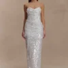 Vestido largo sin tirantes con lentejuelas Nala – Marfil Vestido largo sin tirantes con lentejuelas Nala – Marfil