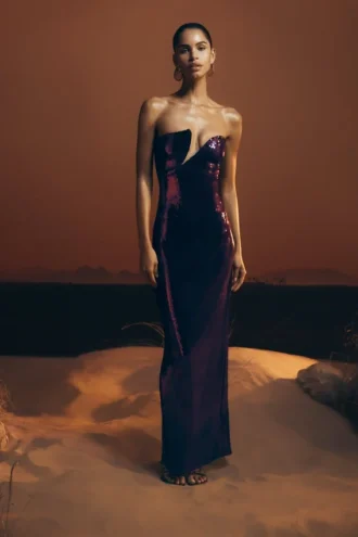 Vestido largo sin tirantes con lentejuelas Winston – Ciruela