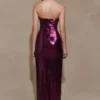Vestido largo sin tirantes con lentejuelas Winston – Ciruela