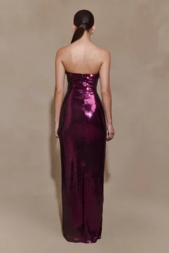 Vestido largo sin tirantes con lentejuelas Winston – Ciruela